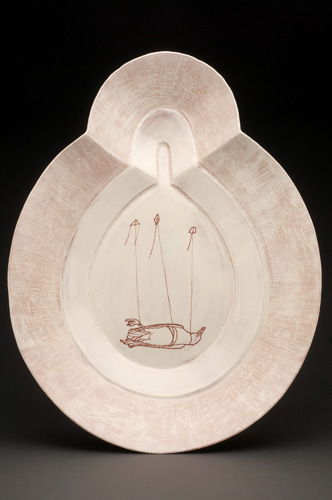David Eichelberger, platter: bird and kites, earthenware, sgraffito, 3 x 19 x 12 inches